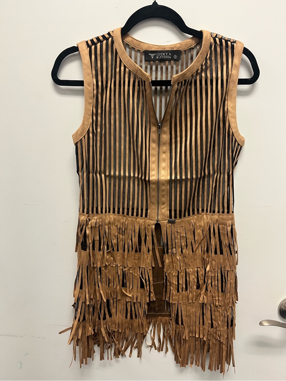 Fringe Zip Vest - Camel